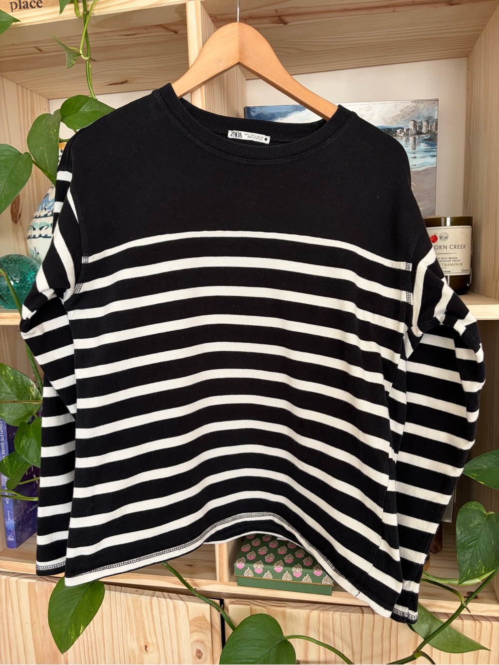 ZARA Black & White Striped Long Sleeve Crewneck Top